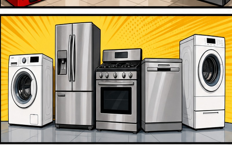 Cartoon appliance repair illustration for miele-dishwasher-repair Expert Miele Dishwasher Repair in Sydney 1