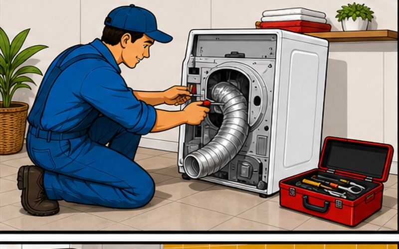 Washing Machine Repairs Cartoon appliance repair illustration for Laundry Appliance Repair 3