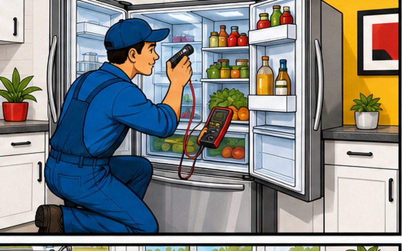 Cartoon appliance repair illustration for 7-steps-to-increase-your-refrigerator-life-and-keep-efficiently-performing 7 Steps to Increase Your Refrigerator Life and Keep Efficiently Performing 1