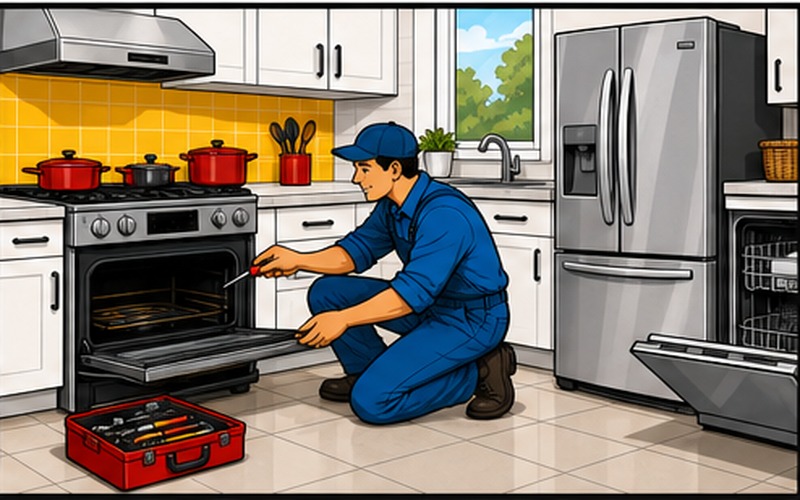Cartoon appliance repair illustration for kitchen-appliance-repair Kitchen Appliance Repair 1