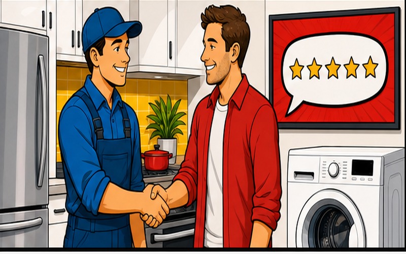 Cartoon appliance repair illustration for testimonials Testimonials 1