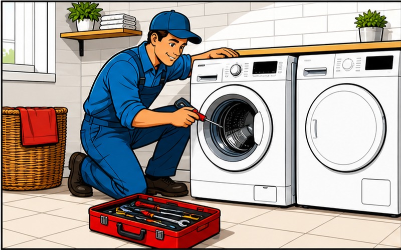 Washing Machine Repairs Services Cartoon appliance repair illustration for Washing Machine Repair 3