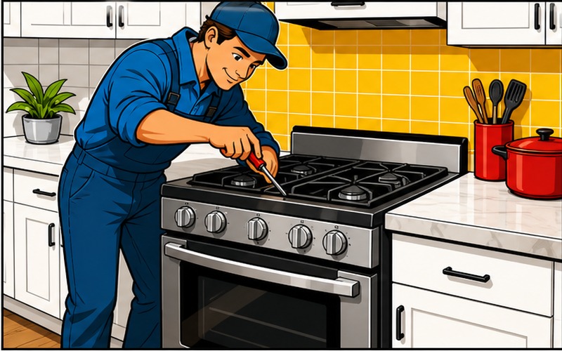 Cartoon oven cooktop and stove repair service