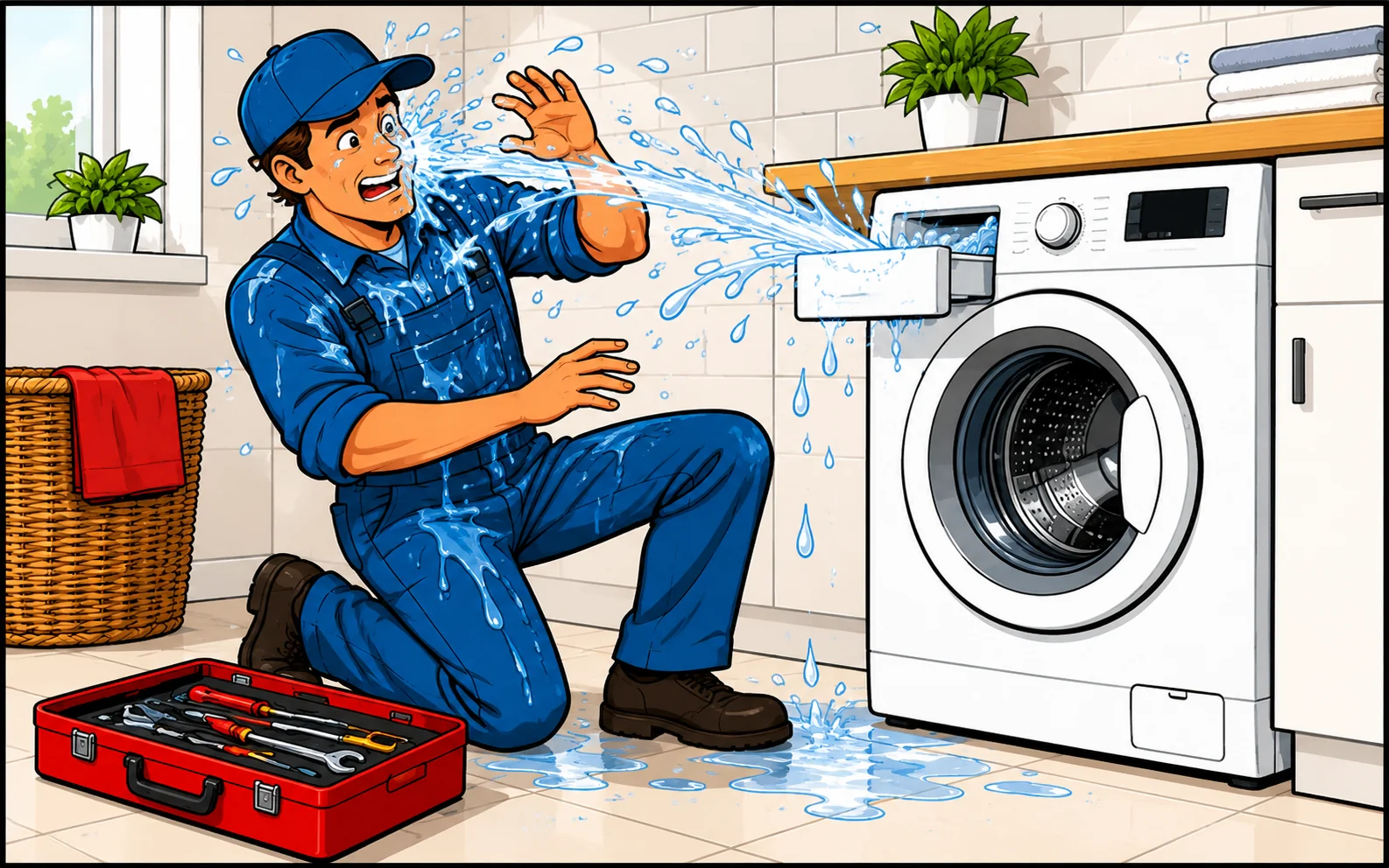 Cartoon technician reacting to water spraying from a washing machine